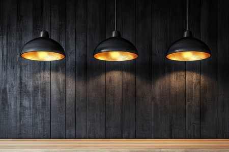 Three elegant hanging lamps against black wooden wall with light wood tabletop for displayの写真素材