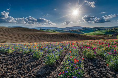 Vibrant spring landscape sunlit farm fields with colorful flowers under a blue sky