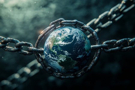 Earth enclosed by chains symbolizing global freedom and human rights challenges in focusの写真素材