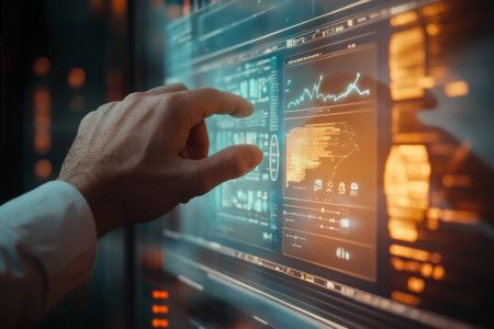 Close up of businessman s hand interacting with digital gantt chart on glass backgroundの写真素材