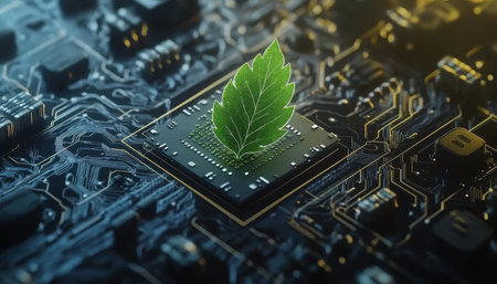 Eco friendly leaf shaped chip on circuit boards symbolizes sustainable technology and innovation