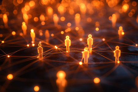 3d visualization of glowing orange figures and connections symbolizing global connectivity online