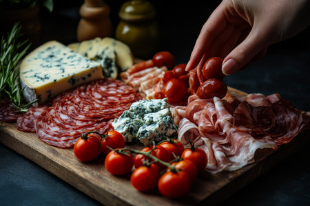 Elegant wooden platter featuring cold cuts, blue cheese, olives, and hand reaching for tomatoesの写真素材