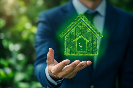 Businessman interacting with green energy icons on virtual screen for eco friendly tech solutionsの写真素材