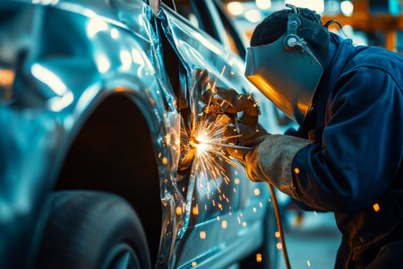 Expert welder repairs car body after accident using professional tools in modern service shop