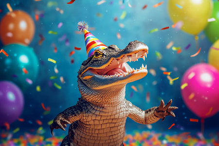 Joyful alligator in birthday hat dancing amidst colorful party decorations and streamersの写真素材