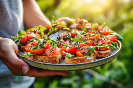 Close up of hands presenting homemade bruschetta and mini buns at a summer evening garden partyの写真素材