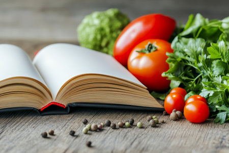Open recipe book on rustic table surrounded by fresh vegetables and spices for culinary ideasの写真素材