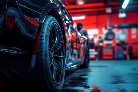 Close up of a black car in auto repair shop with mechanics working under workshop lightsの写真素材