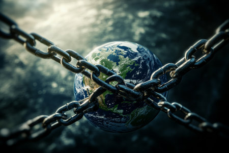 Conceptual image of earth surrounded by chains, symbolizing global freedom and human rights issuesの写真素材