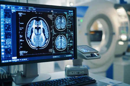 Advanced brain scanning technology showcased with mri images and medical equipment in focusの写真素材
