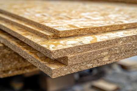 Close up of osb, chipboard, and plywood sheets on table for eco friendly construction materialsの写真素材