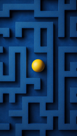 Minimalistic blue maze with yellow path and centered ball captured in top down flat lay photographyの写真素材
