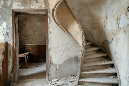 Close up of a broken spiral staircase in an old abandoned house with exposed wood furnitureの写真素材