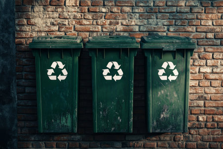Three green garbage bins with recycling symbols against a brick wall in a vivid 2d illustrationの写真素材