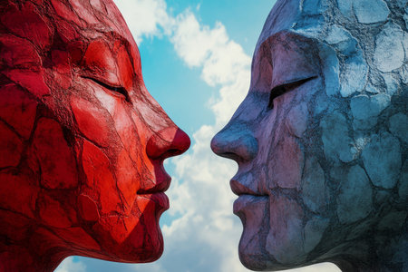 Photorealistic sculptural faces in blue and red confrontation against a vivid sky background