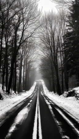 Serene winter road scene with bare trees and snow covered ground in a quiet landscapeの写真素材