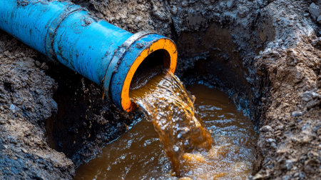 Photograph of a blue water pipe filling with dirty brown water from an underground pipe systemの写真素材