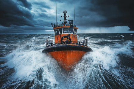 Dramatic stormy sea with a boat fighting big waves under dark skies and cinematic lighting