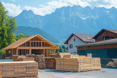 Wooden building materials and elements at farm in laufenburg with scenic mountain backdrop