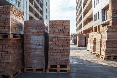 Pallets and boxes of bricks in parking lot near construction site for concrete work photography