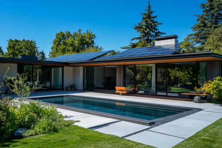 Modern house with solar panels under clear blue sky a sustainable energy solution