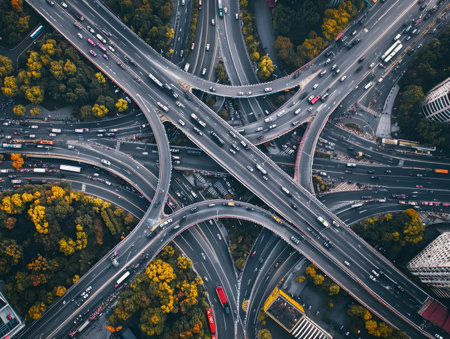 Aerial view of a complex highway intersection in Shanghai with busy traffic and urban sceneryの写真素材