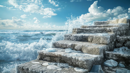 Photorealistic scene of stone steps with ice and rocks overlooking rough seawater and blue skyの写真素材