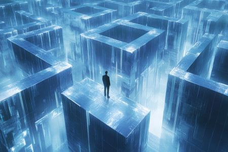 A futuristic maze a contemplative individual navigates a high tech labyrinth of reflection