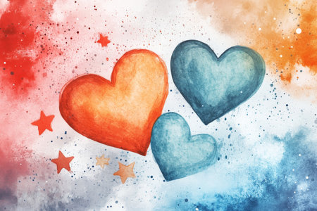 Charming watercolor background featuring adorable hearts, stars, and dots in vibrant colorsの写真素材