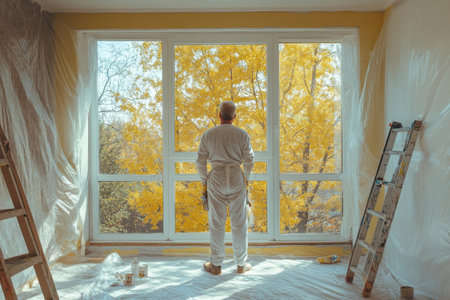 Realist painter in white overalls sprays yellow paint on windows with panoramic view of treesの写真素材
