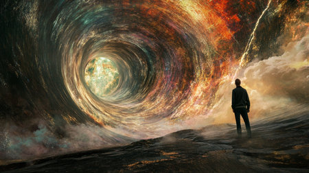 A man at the tunnel entrance gazes into an eerie light in a surreal concept art scene