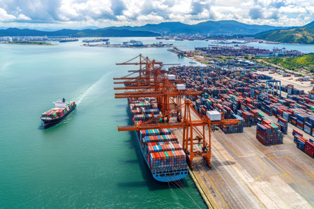 Aerial view of cargo plane over seaport with container ship, highlighting logistics and transport.