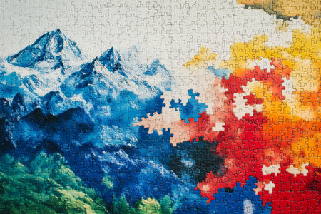 Colorful puzzle pieces symbolizing diverse innovative ideas for the international himalayasの写真素材