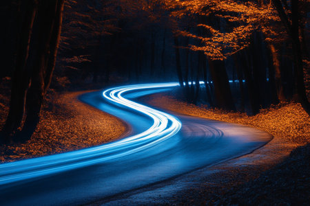 Striking long exposure of blue light trails on a winding forest road at night, showcasing speed