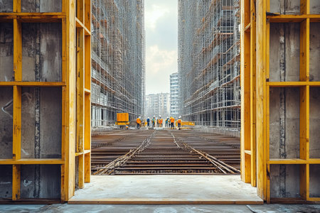Symmetrical construction site featuring wooden and concrete walls, workers, and tall structuresの写真素材