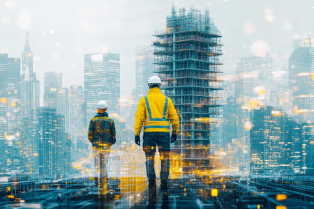 Double exposure of architects at construction site with digital cityscape and building tower
