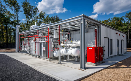 Gas storage facility featuring distinctive white and red piping, structures, and equipment