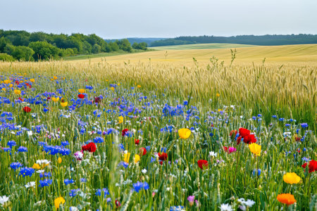 Vibrant wildflower field surrounded by wheat with trees and light grayish blue sky on a sunny day