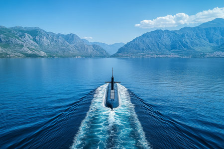 Aerial view of a modern submarine navigating the ocean with majestic mountains under a clear skyの写真素材