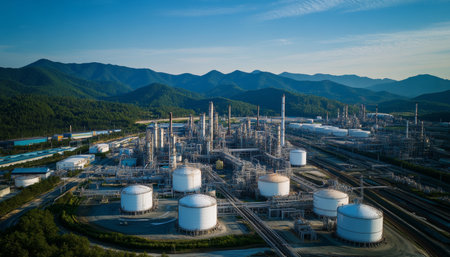 Aerial shot of south Korean petrochemical plant amidst mountains with trains and industrial complex