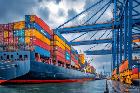 Cargo ship at industrial harbor with cranes, showcasing global trade and logistics activities