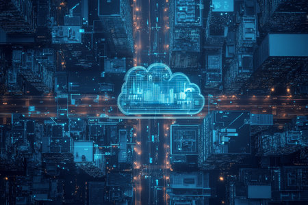 Futuristic security camera with cloud tech and smart city icons against urban blue background