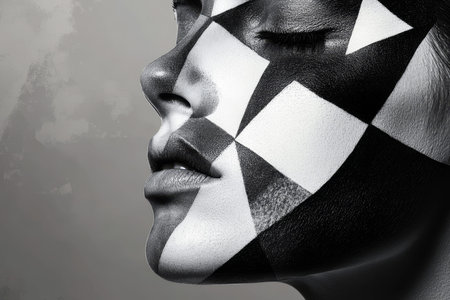 Surreal abstract art featuring an elegant woman s face with closed eyes and geometric patternsの写真素材