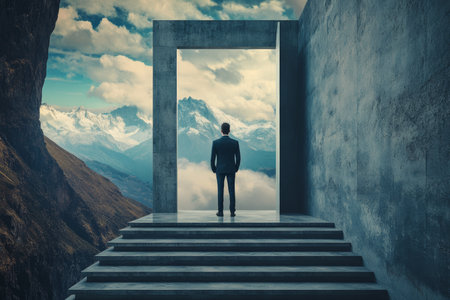 Businessman on stone stairs gazing at open doorway overlooking majestic mountain landscapeの写真素材