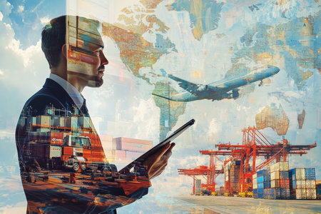 Businessman with digital tablet overseeing logistics cargo plane, truck, and global trade scene