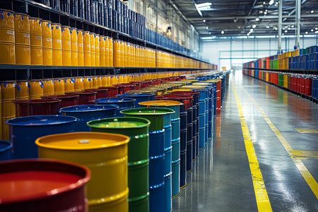 Vibrant array of oil drums in a contemporary warehouse with industrial storage layout