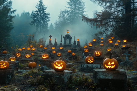 Spooky graveyard filled with halloween pumpkins and glowing jack o lanterns in foggy forestの写真素材