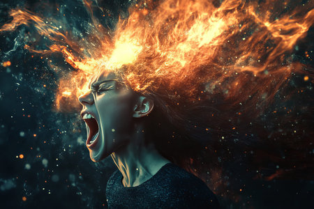 A woman in turmoil hair ablaze and surrounded by explosive energy in a surreal digital artwork