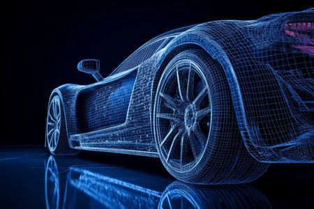 Highly detailed 3d wireframe of a sports car on dark blue background with intricate surface featuresの写真素材